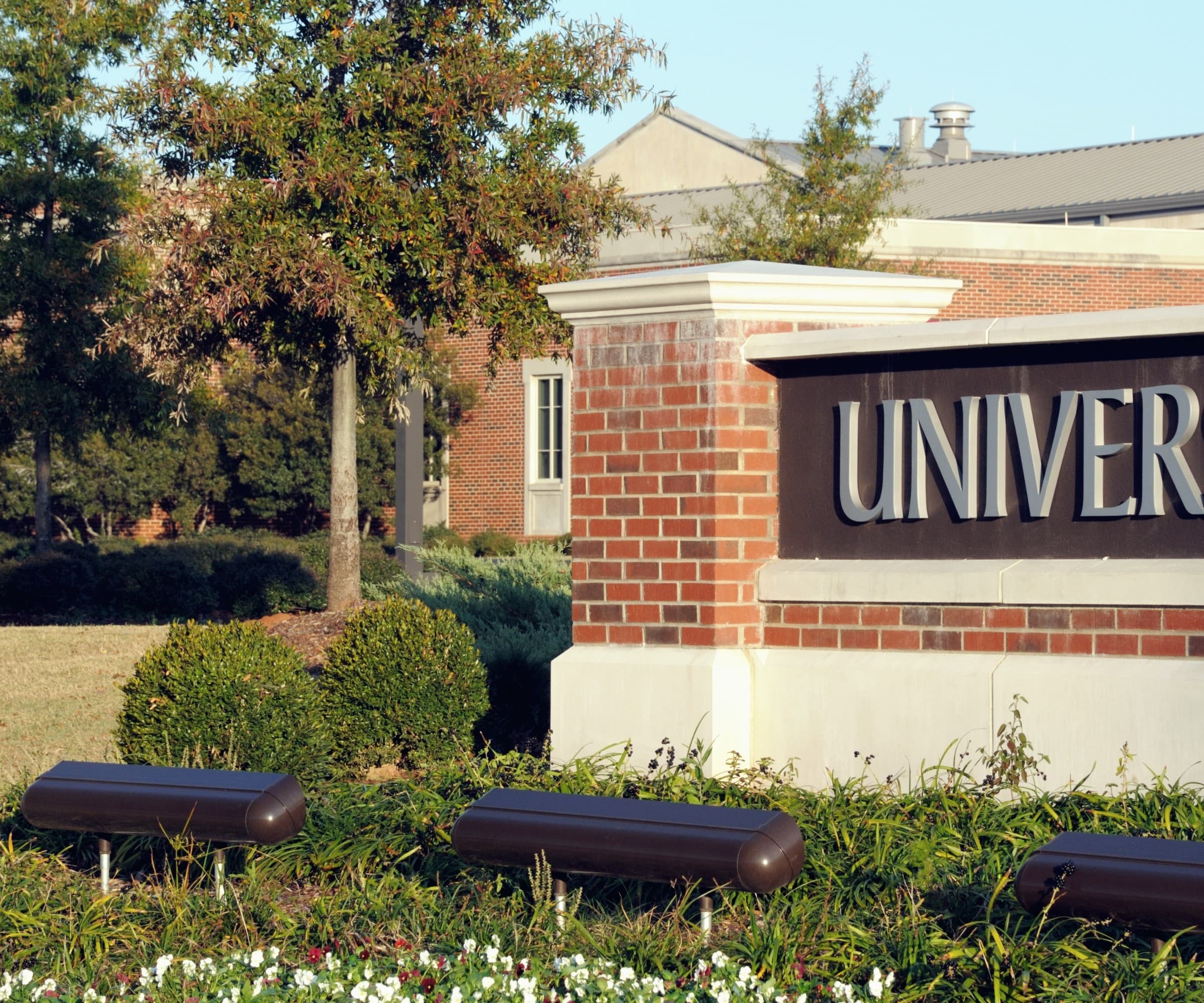 A university campus entrance sign framed by trees.