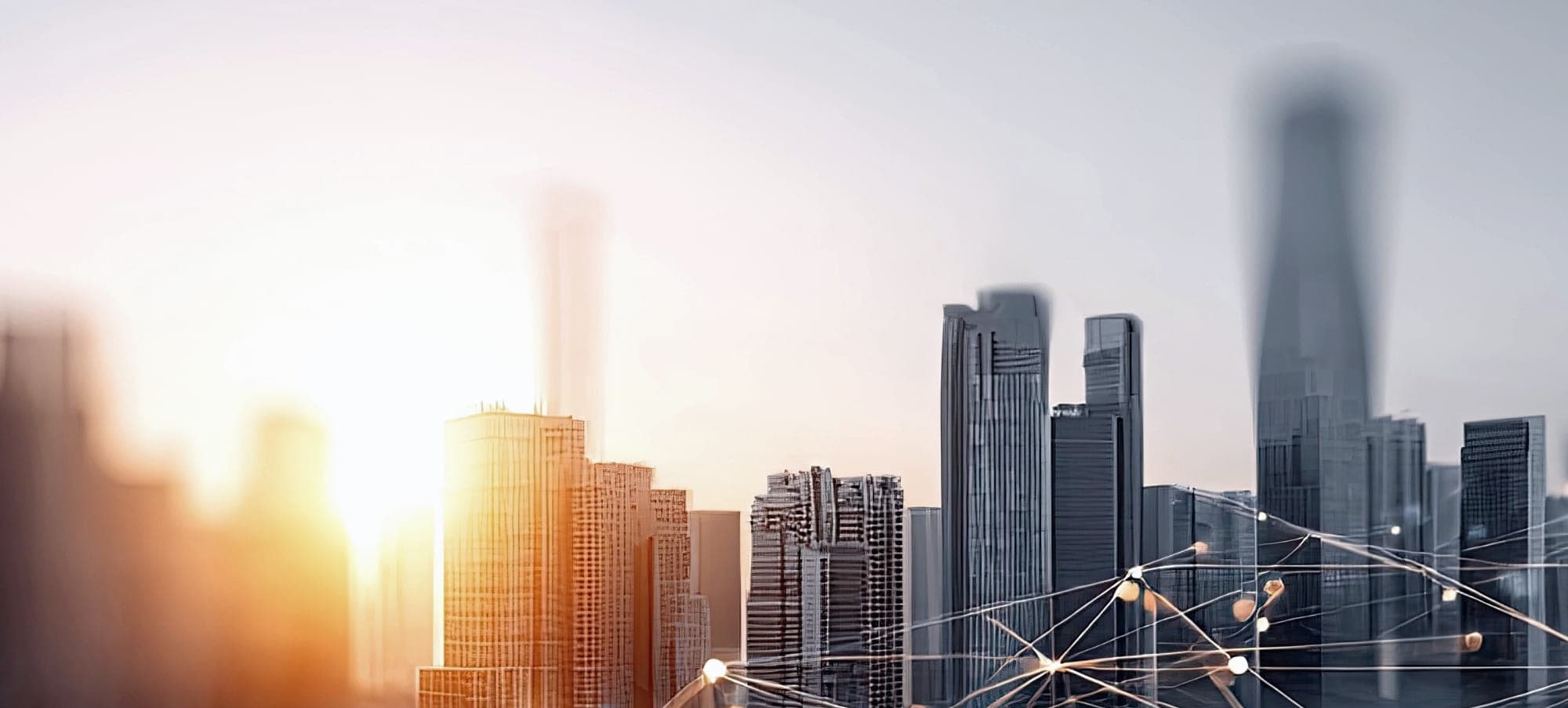 Sunlit modern city skyline overlaid with a network of connected data nodes