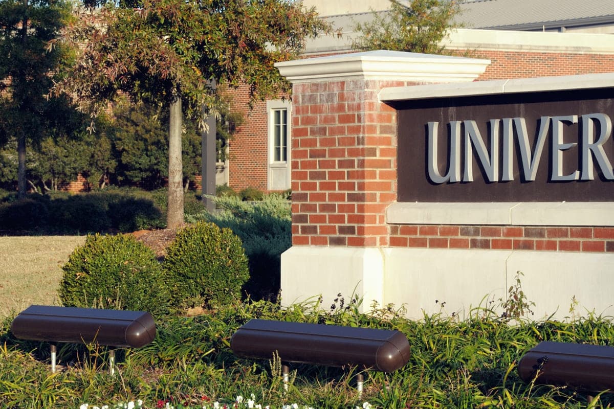 Higher Education - a university campus entrance sign framed by trees