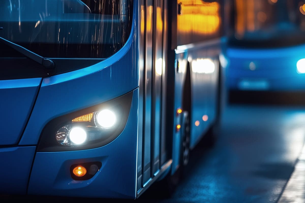Transportation & Transit - city transit buses lined up along a street in the evening