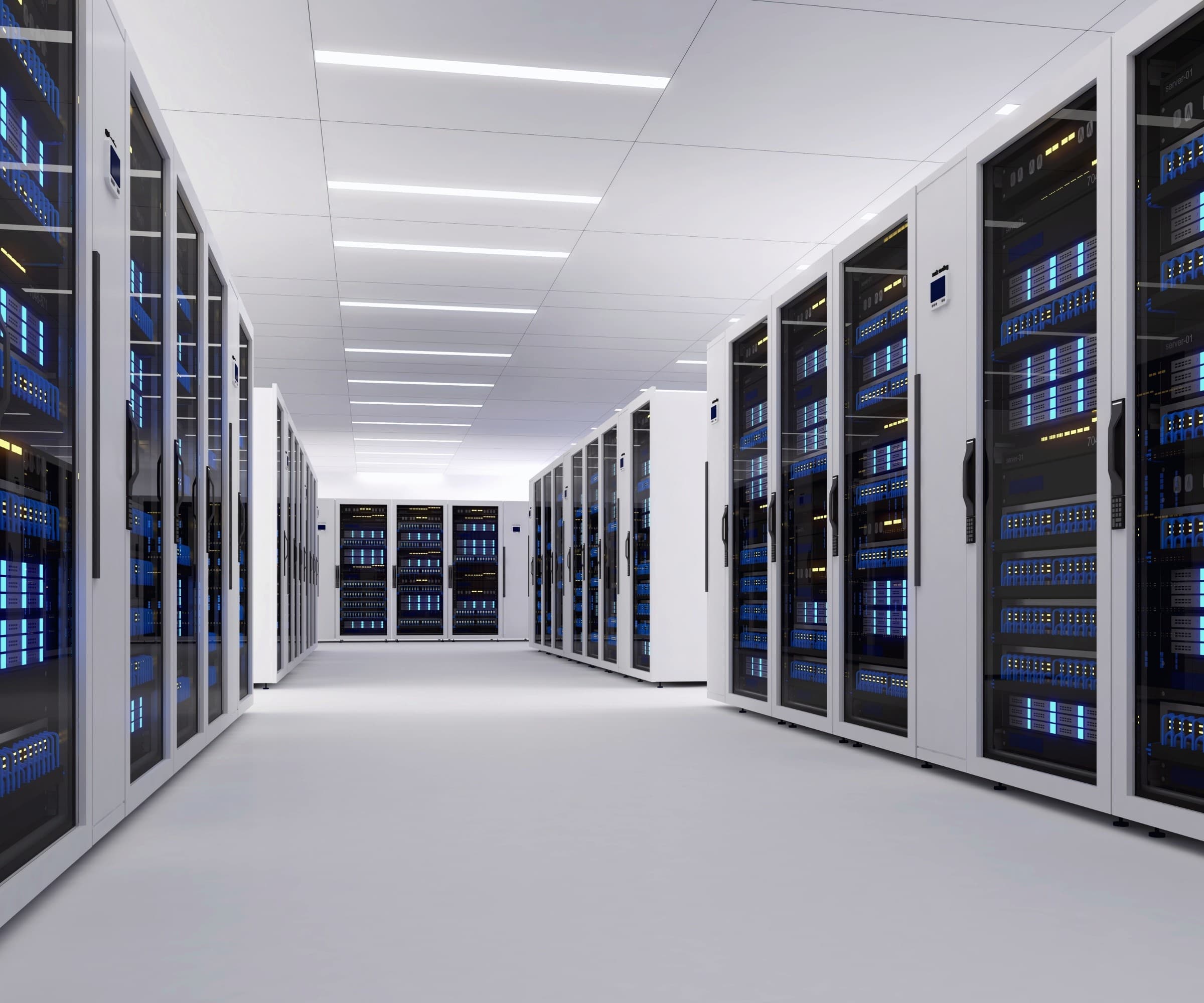 A clean, modern data center server room with rows of racks.