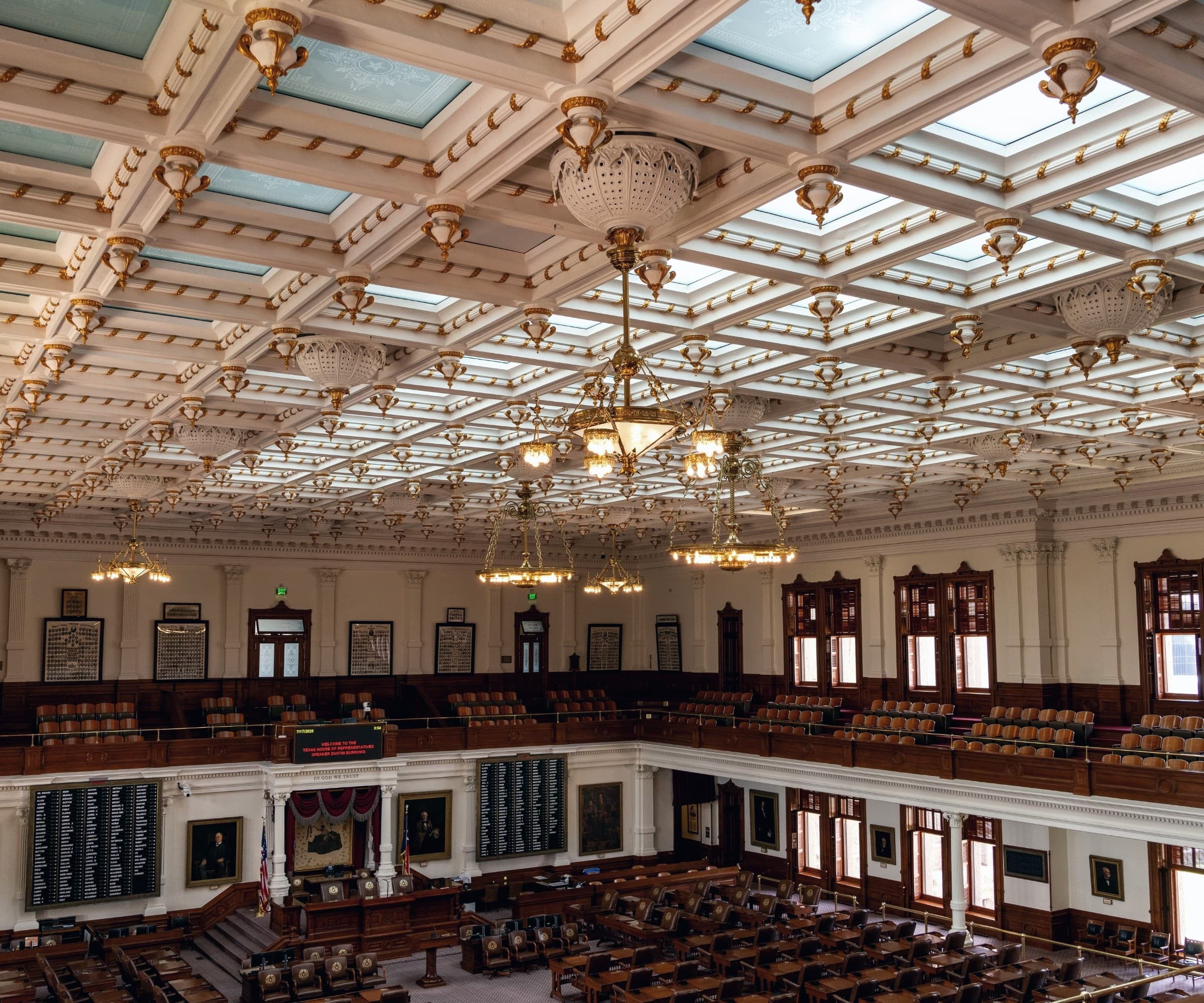 Interior of a state capitol legislative chamber.