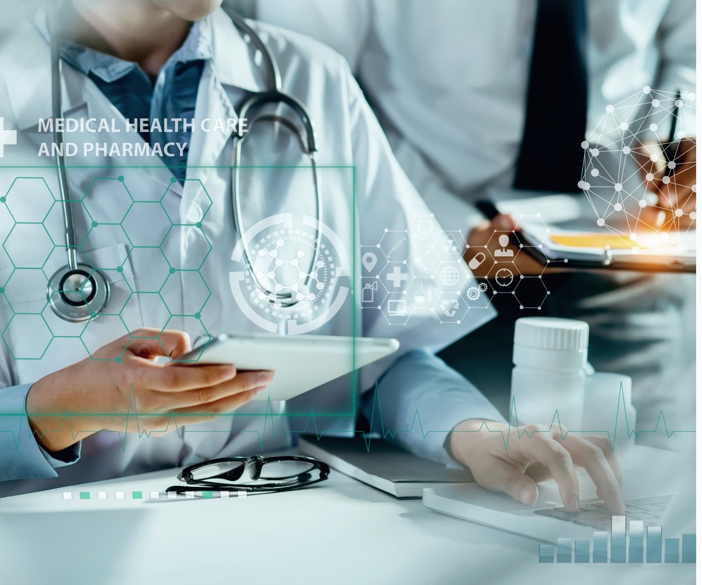 A clinician using a tablet showing a healthcare data interface.