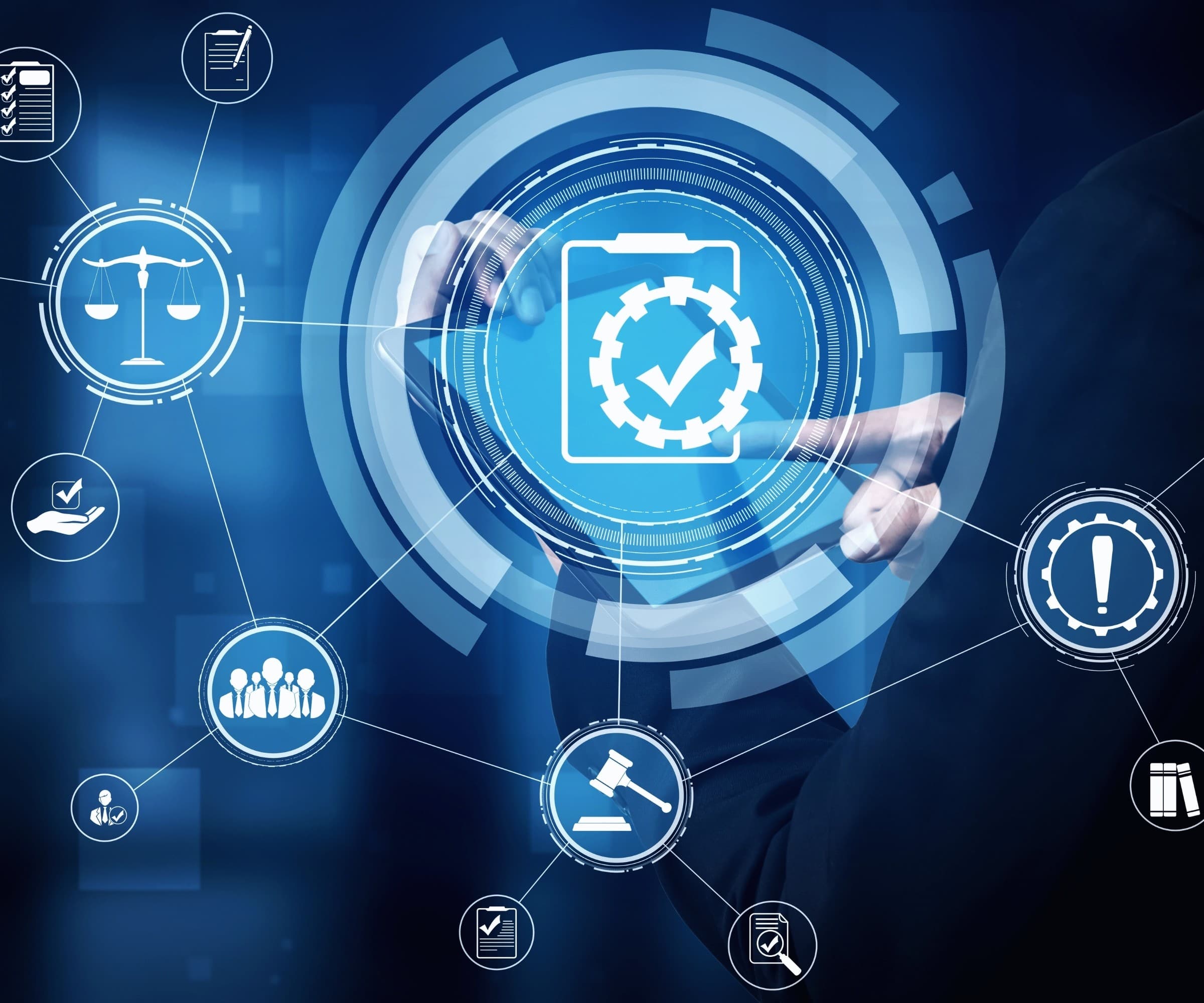 An abstract governance and compliance interface with legal and checklist icons.