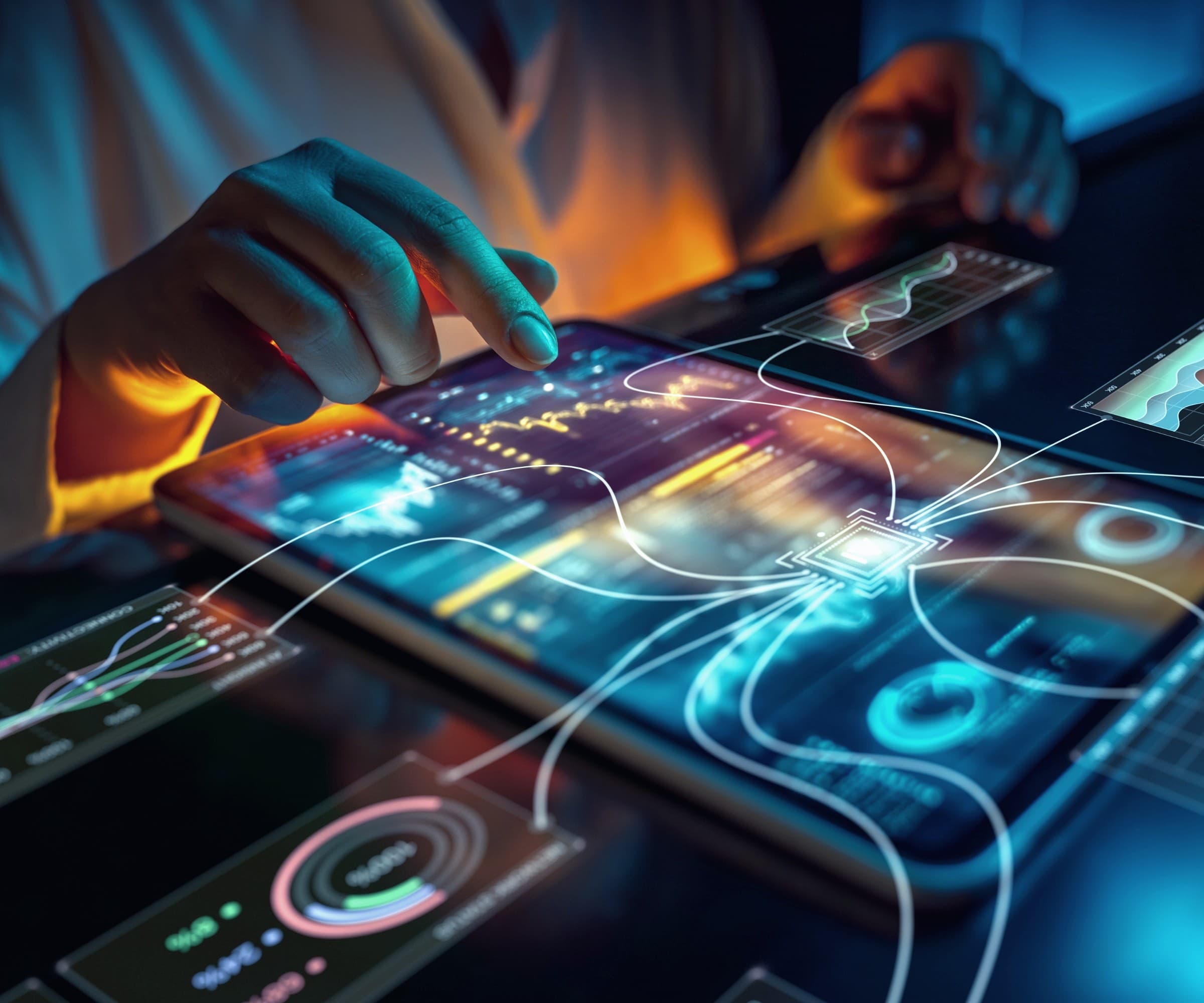 A tablet showing AI-driven data analytics dashboards.