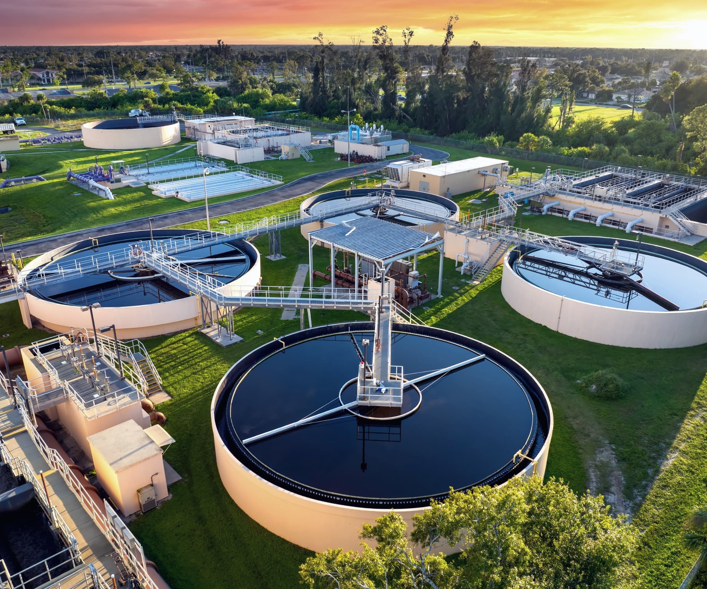 Aerial view of a municipal water treatment facility.